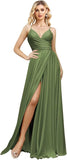 V Neck Satin Bridesmaid Dresses Spaghetti Straps Prom Dress Slit Wedding Formal Evening Party Dress