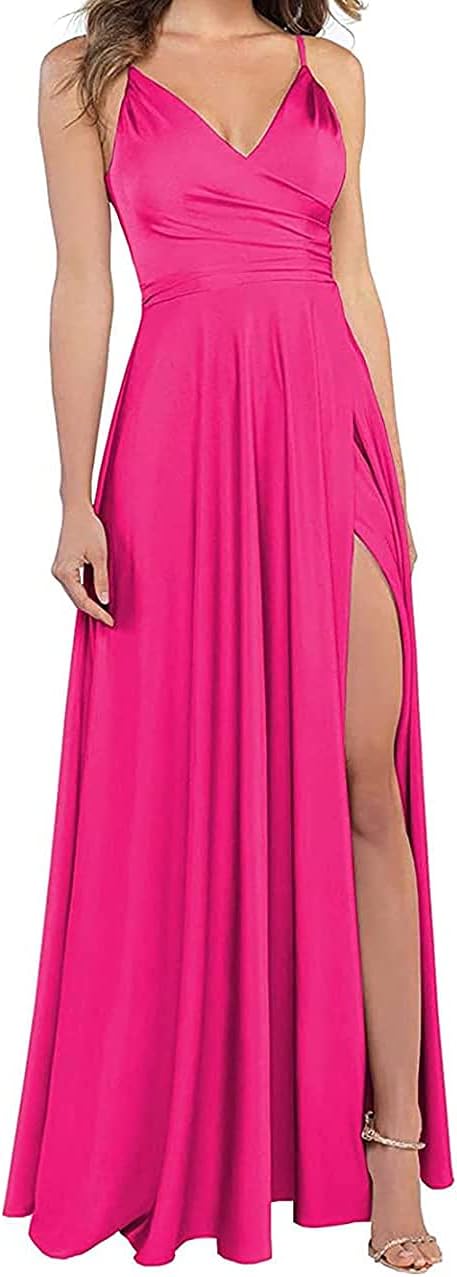 Lange Brautjungfernkleider für Frauen, formelle Satin-Spaghettiträger, Abschlussball- und Abendkleider 