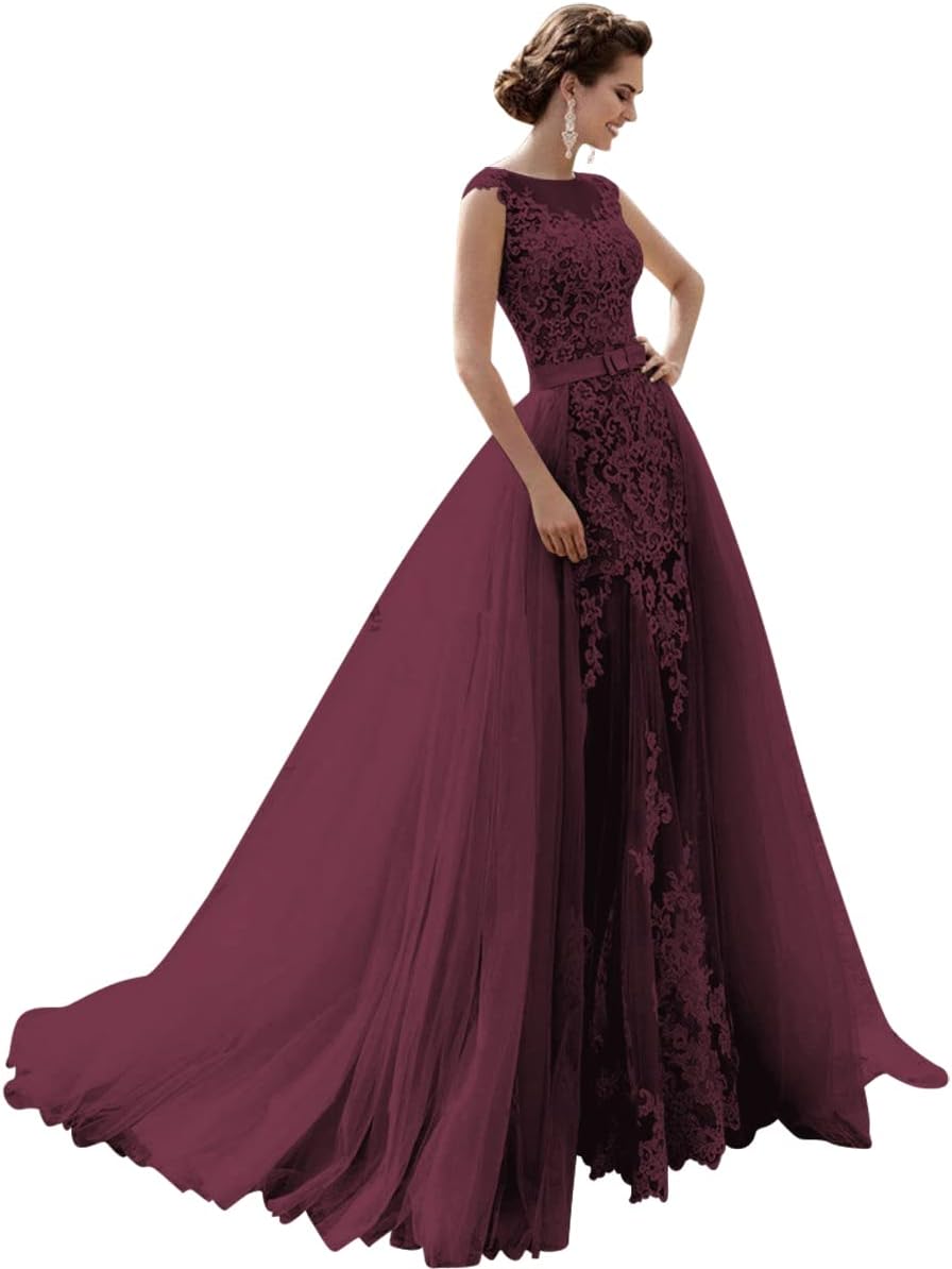 Mermaid Lace Cap Wedding Dress with Detachable Tulle Train for Bride Evening Prom Gown
