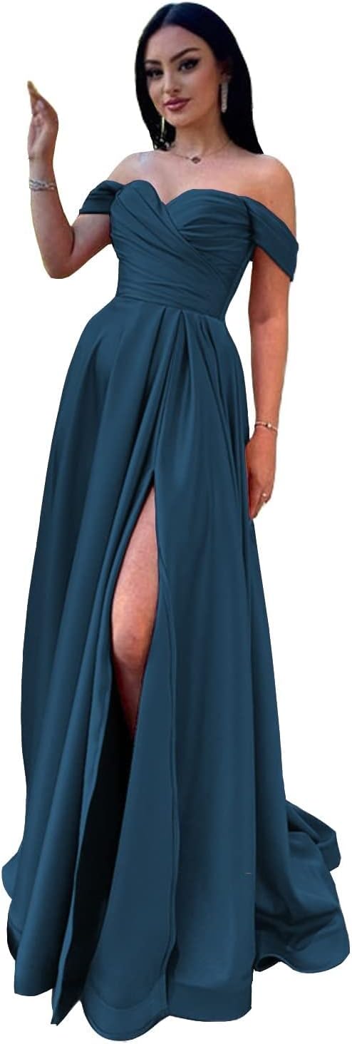 Schulterfreies Satin-Ballkleid, herzförmiger Ausschnitt, formelles Kleid, A-Linie, Abendkleid mit Schlitz 