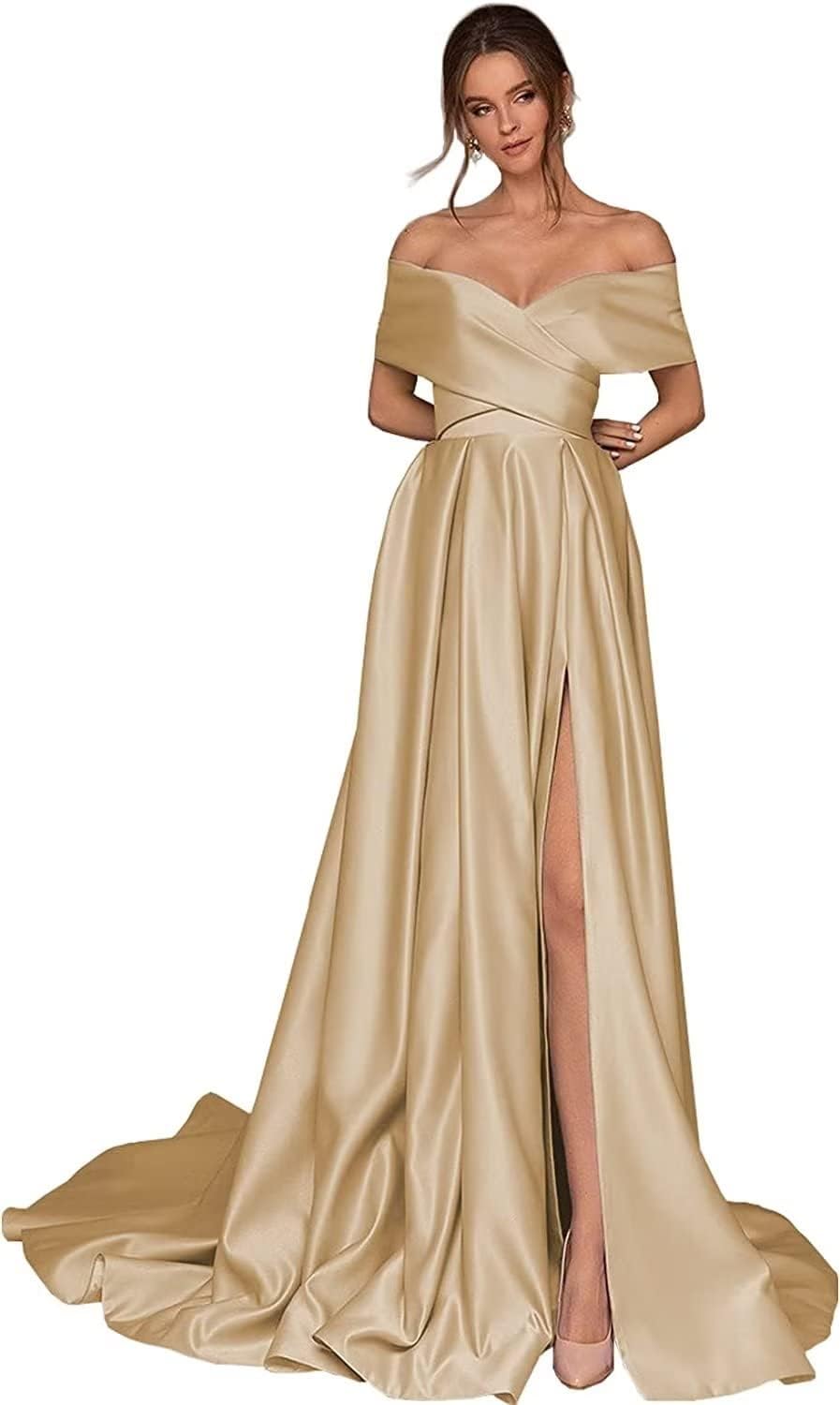 Women's Off Shoulder Long Prom Dresses with Slit 2025 Satin A-Line Sweetheart Corset Formal Evening Dresses with Pockets