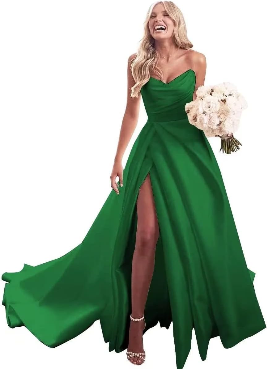 Trägerloses Ballkleid, langes Ballkleid, Satin-Brautkleid für die Braut, A-Linie, formelle Abendkleider mit Schlitz 