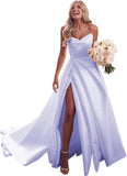 Strapless Satin Prom Wedding Dresses with Slit Long Pleats Formal Ball Bridal Gowns with Pockets