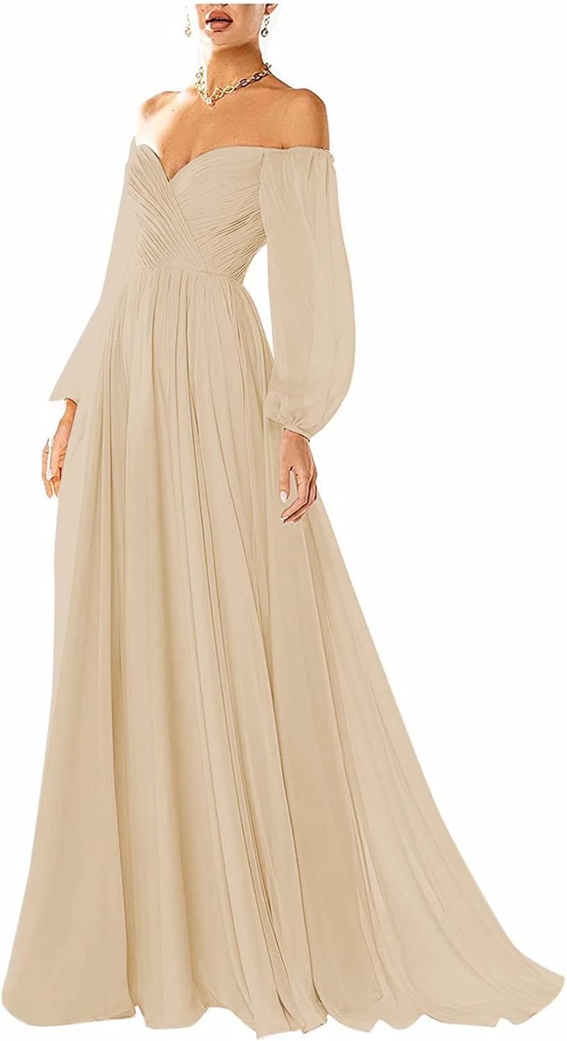 Vestido de fiesta con hombros descubiertos, manga larga, estilo formal, plisado, corte A, para mujer
