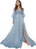 Long Sleeve Tulle Prom Evening Dresses Long Lace Applique A Line Ball Gown 2027
