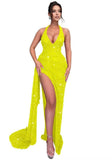 Sparkly Sequin Halter Prom Dresses for Women Mermaid Formal Dress with Slit Backless Ruched Evening Party Gowns