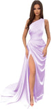 Vestidos de dama de honor largos con un hombro al descubierto y pliegues de satén estilo sirena para fiesta de boda formal 