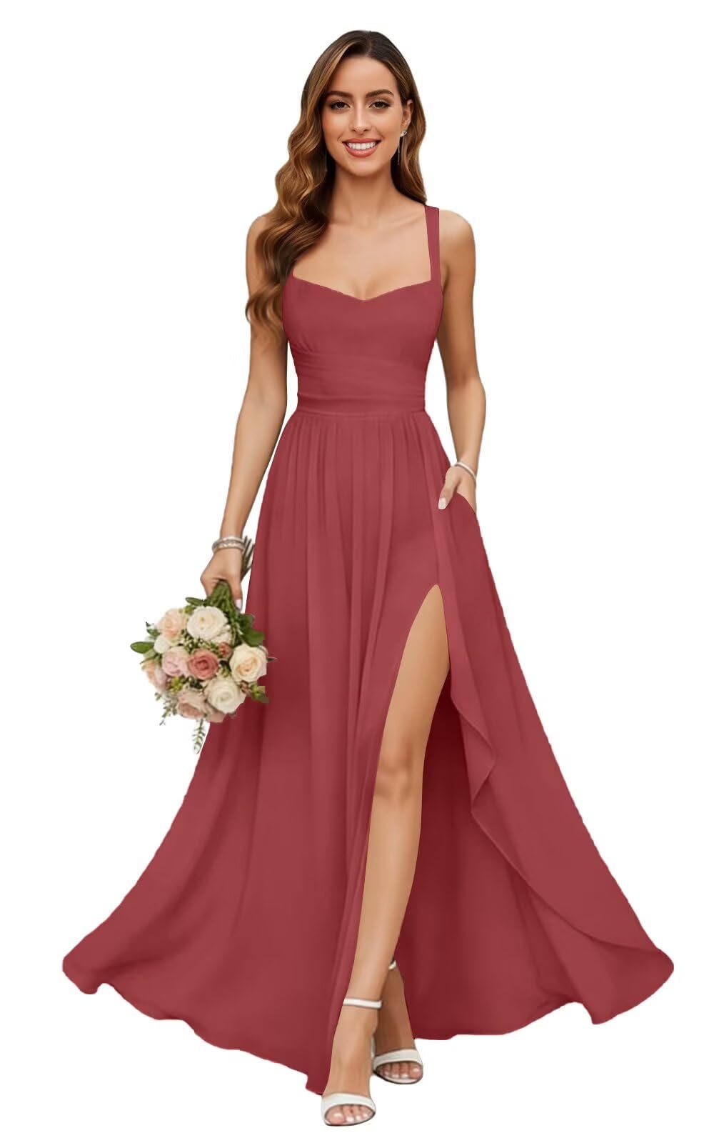 Chiffon Bridesmaid Dresses for Women Long Spaghetti Straps A-line Pleated Formal Evening Party Gowns with Pockets