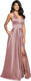 Womens Satin Prom Dresses Long with Slit Halter Evening Formal Gowns for Women with Pockets