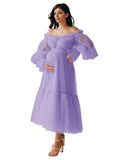 Eightale Tulle Tea Length Maternity Dresses for Photo Shoot Long Sleeve Pregnancy Gown for Baby Shower