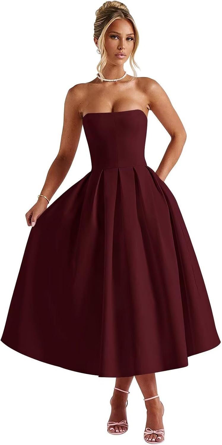 Strapless Satin Tea Length Prom Dresses for Women 2027 A-Line Corset Backless Cocktail Bridesmaid Dress with Pocket