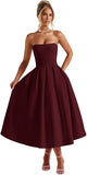 Strapless Satin Tea Length Prom Dresses for Women 2027 A-Line Corset Backless Cocktail Bridesmaid Dress with Pocket