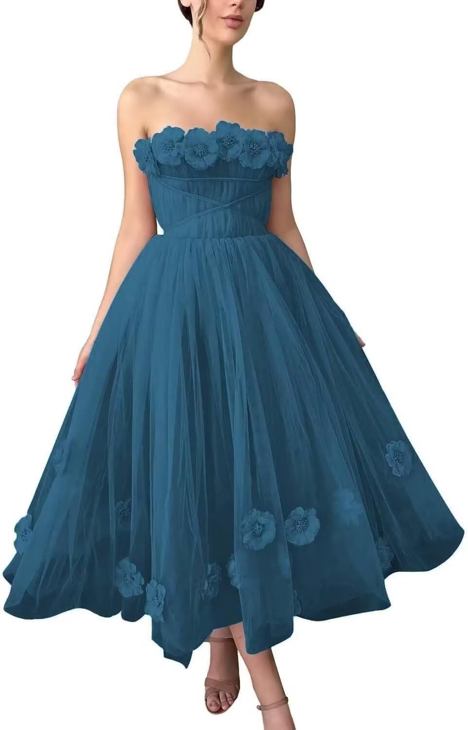 Women's 3D Flower Off Shoulder Tea Length Whimsical Prom Dress, A Line Strapless Tulle Formal Evening Party Gown