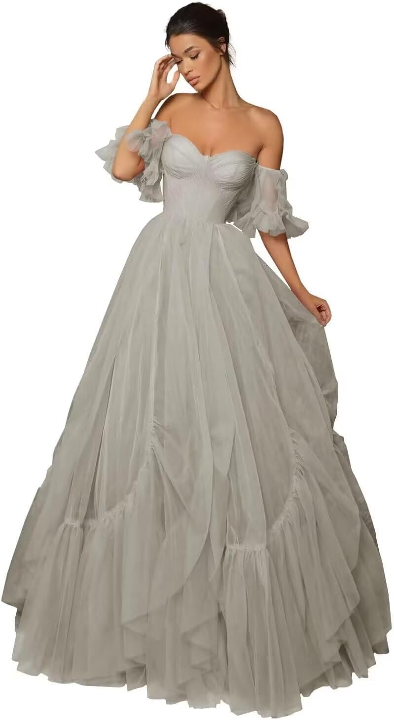 A-line Ruffled Short Sleeve Tulle Prom Dress for Women, Sweetheart Formal Gown Off The Shoulder Long Party Dress