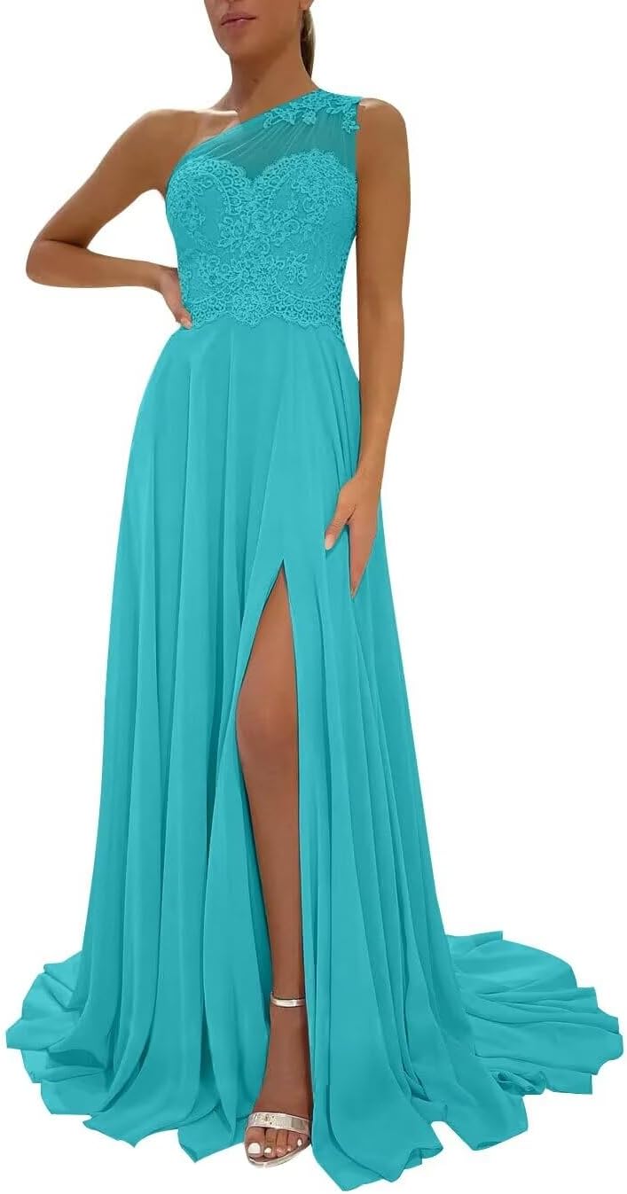 One Shoulder Chiffon Bridesmaid Dresses for Wedding 2026 Lace A-Line Slit Formal Evening Party Gown with Pockets