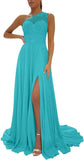 One Shoulder Chiffon Bridesmaid Dresses for Wedding 2026 Lace A-Line Slit Formal Evening Party Gown with Pockets