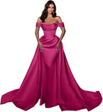 Mermaid Satin Prom Dresses for Women 2027 Long Off Shoulder Ruched Corset Formal Evening Dress Detachable Train