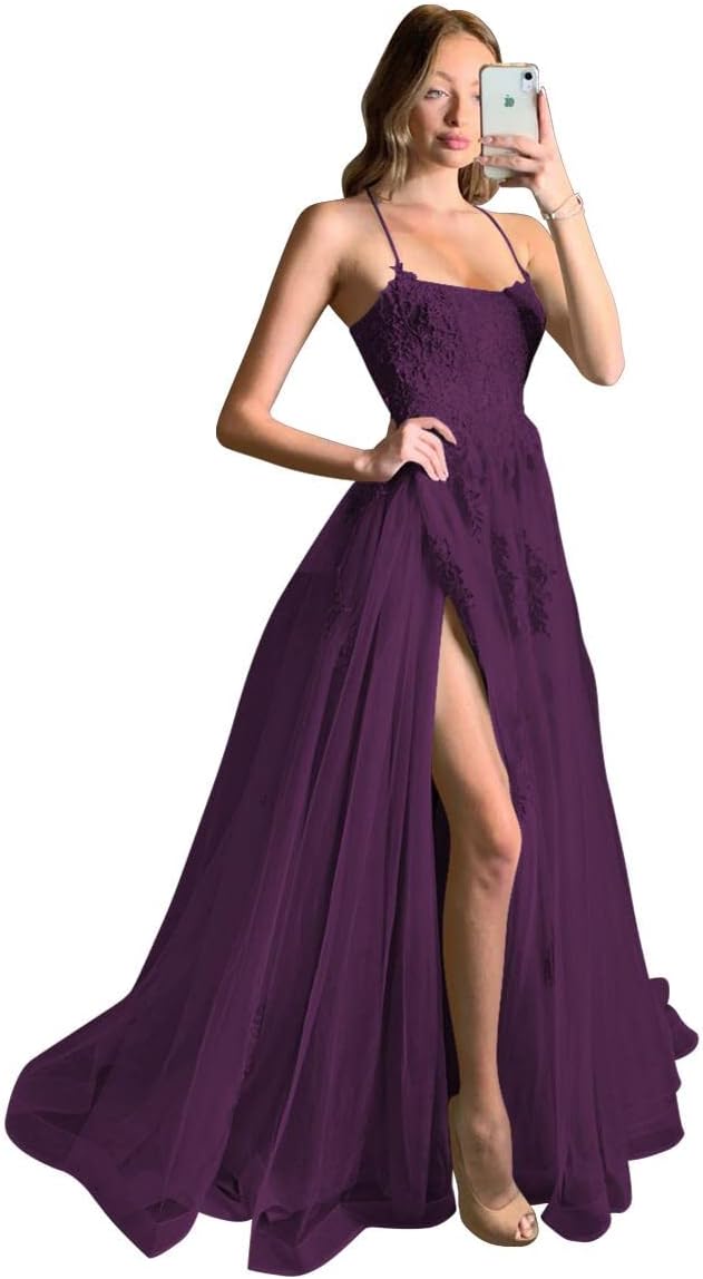 Women's Lace Criss-Cross Prom Dresses with Slit Spaghetti Straps Long Formal Evening Gowns