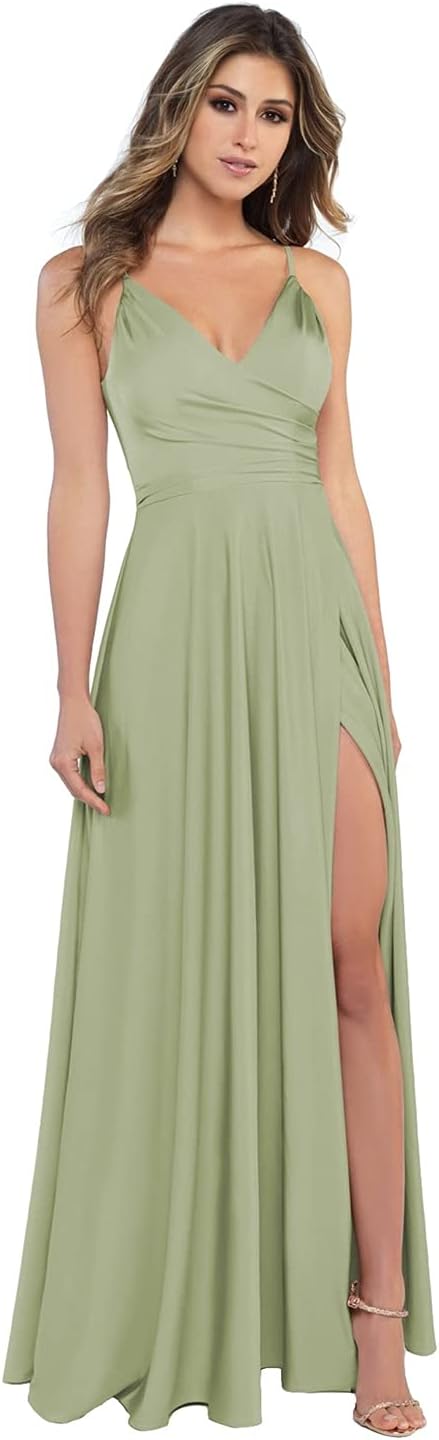 Damen-Brautjungfernkleider aus Satin mit V-Ausschnitt und Schlitz, Spaghettiträgern, formelle Ballkleider mit Taschen 