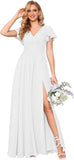 Flutter Sleeves Split Bridesmaid Dresses with Slit Long V Neck Empire Waist Formal Dress for Women Wedding