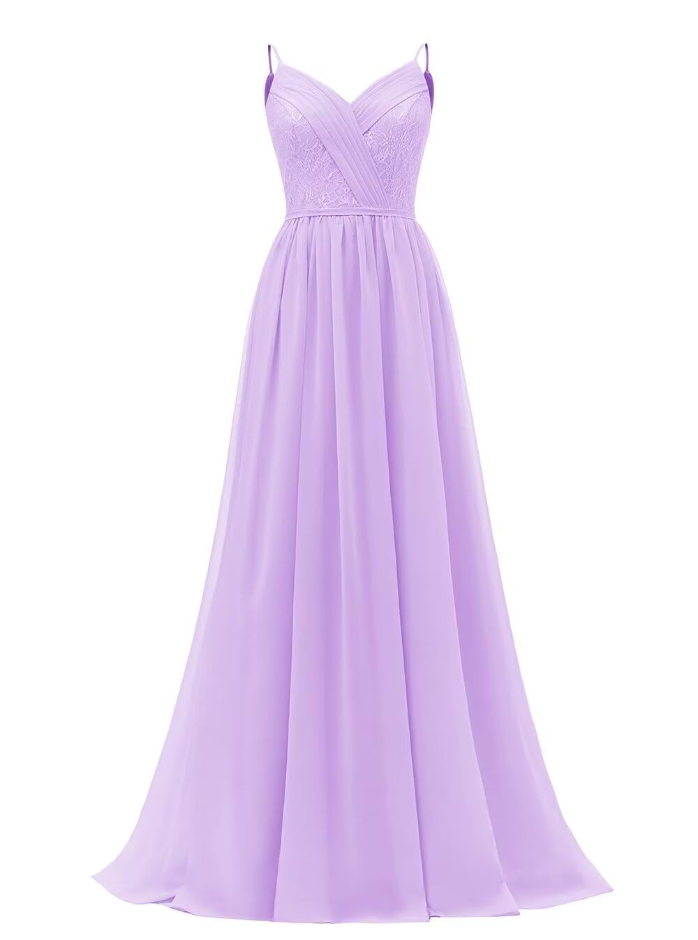 Women's Lace Chiffon Bridesmaid Dresses for Wedding Long Spaghetti Straps Bodice Formal Party Gown with Pockets