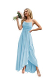 Spaghetti Strap Chiffon Bridesmaid Dresses for Women Long Ruched A-Line Cowl Neck Formal Evening Gowns with Slit