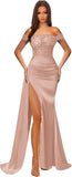 Off Shoulder Sequin Prom Dresses for Women 2027 Long Mermaid Tight Satin Formal Evening Party Dress with Slit