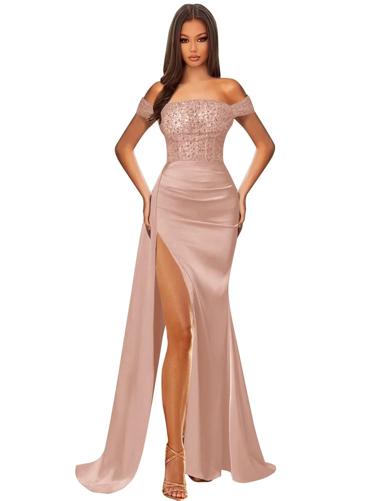 Off Shoulder Sequin Prom Dresses for Women 2027 Long Mermaid Tight Satin Formal Evening Party Dress with Slit