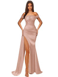 Off Shoulder Sequin Prom Dresses for Women 2027 Long Mermaid Tight Satin Formal Evening Party Dress with Slit