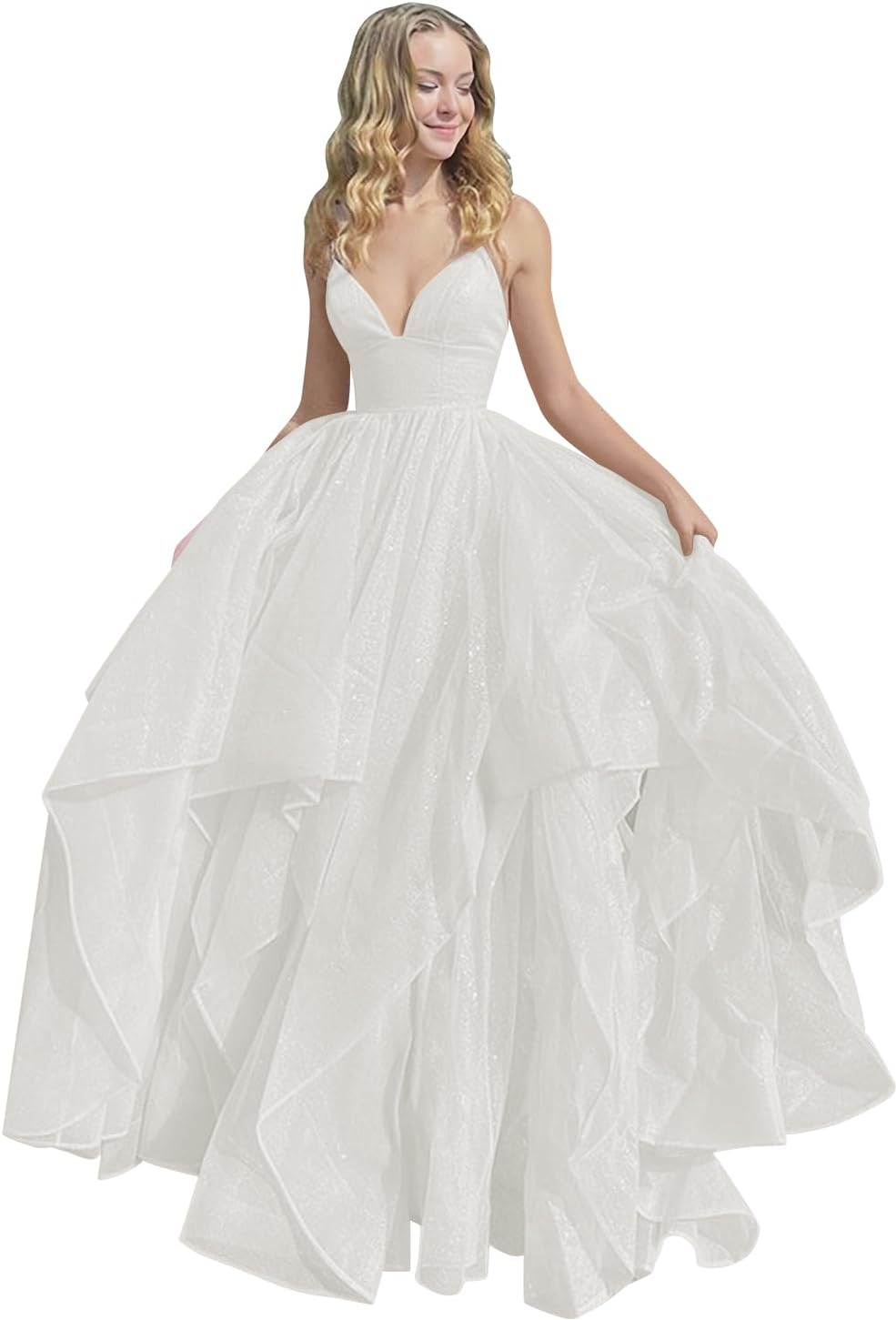 Women's Sparkly Tulle Prom Dress 2023 Long Ball Gown Spaghetti Straps Quinceanera Dress