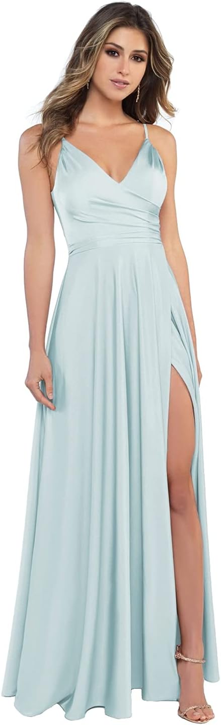 Damen-Brautjungfernkleider aus Satin mit V-Ausschnitt und Schlitz, Spaghettiträgern, formelle Ballkleider mit Taschen 