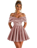 Off Shoulder Satin Homecoming Dresses for Teens 2026 Short Prom Dress A-line Pleated Cocktail Party Gowns