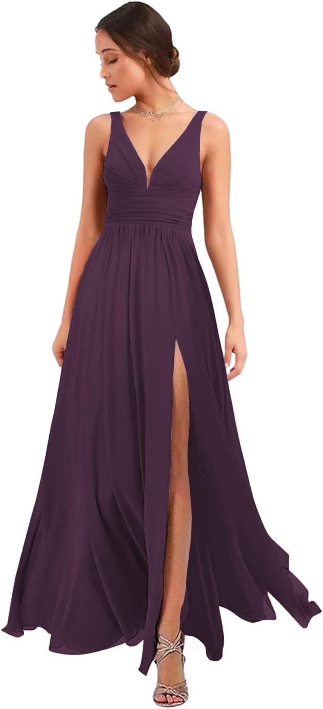 Women's Deep V Neck Bridesmaid Dresses with Slit Chiffon Pleats A Line Formal Party Dresses with Pockets