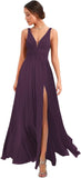 Women's Deep V Neck Bridesmaid Dresses with Slit Chiffon Pleats A Line Formal Party Dresses with Pockets