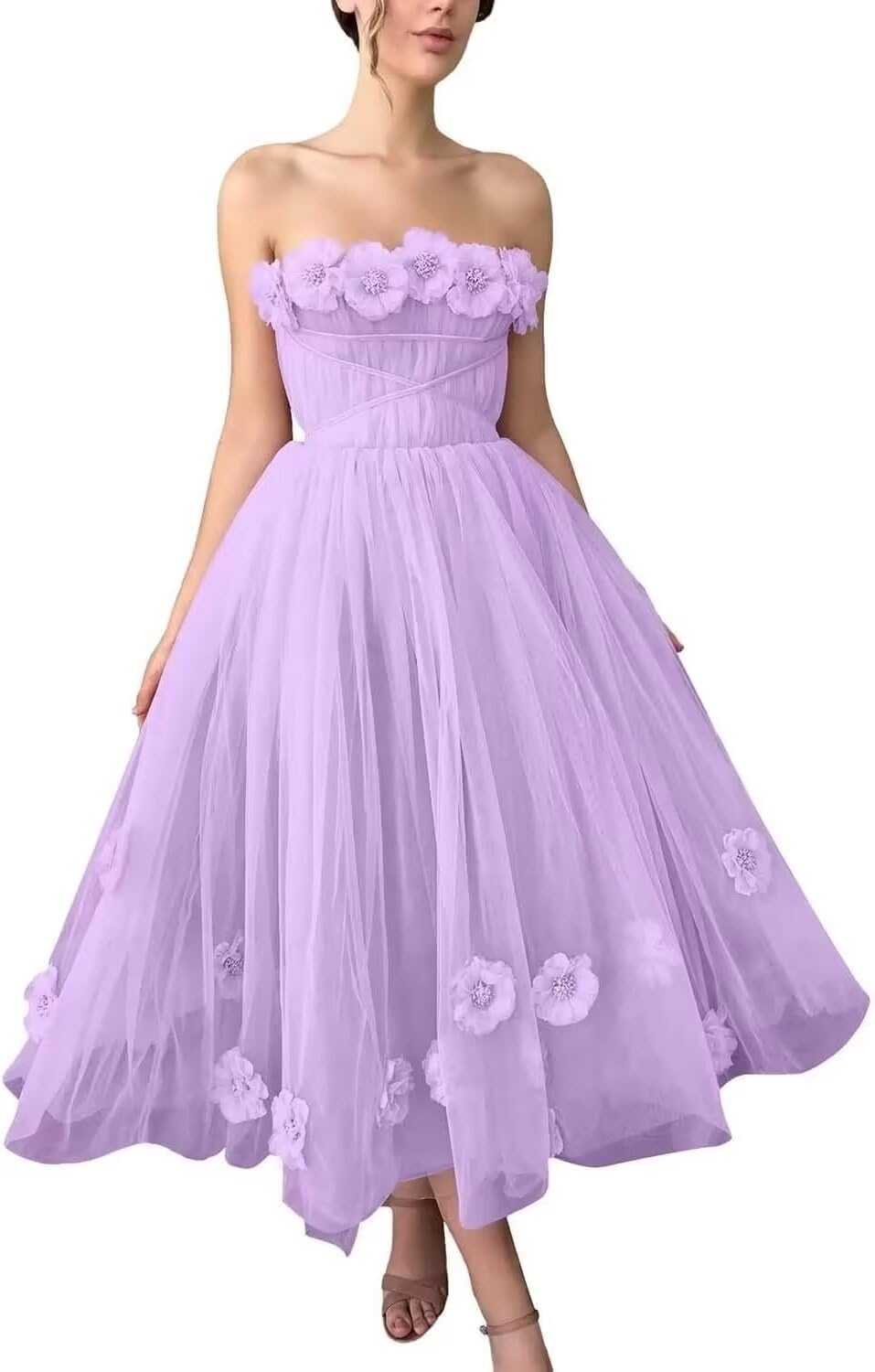 Women's 3D Flower Off Shoulder Tea Length Whimsical Prom Dress, A Line Strapless Tulle Formal Evening Party Gown