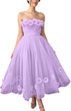 Women's 3D Flower Off Shoulder Tea Length Whimsical Prom Dress, A Line Strapless Tulle Formal Evening Party Gown
