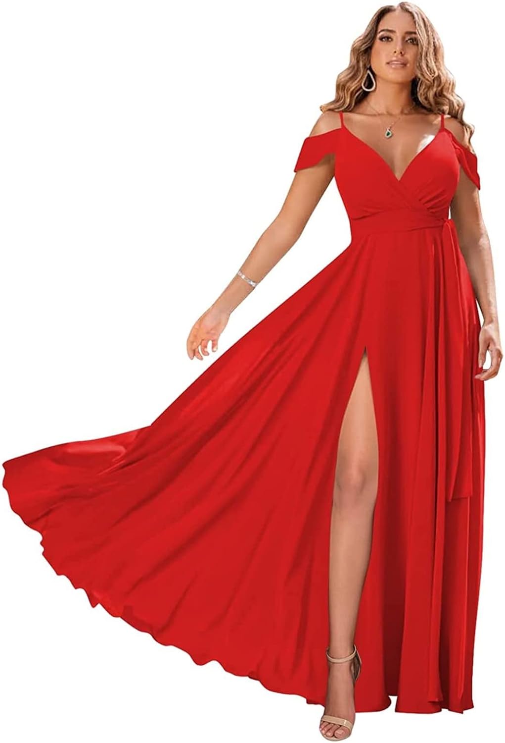 Schulterfreie Brautjungfernkleider 2025 für Frauen, langes Chiffon-Abendkleid mit V-Ausschnitt und Schlitz