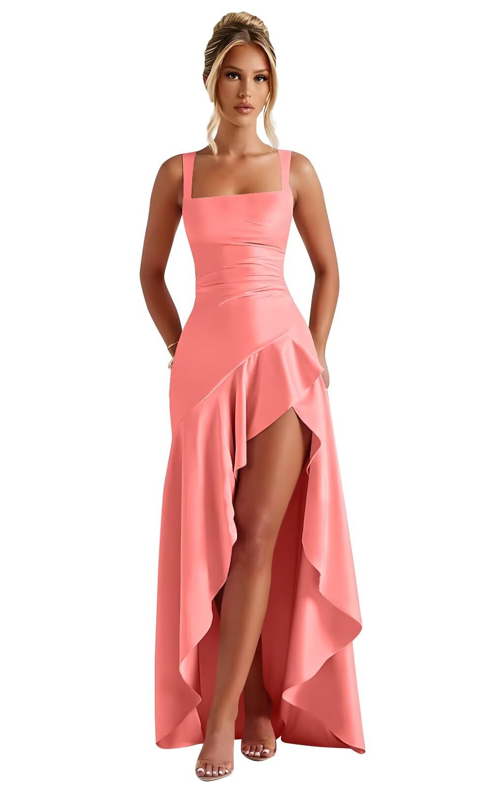Mermaid Satin Bridesmaid Dresses for Women 2027 Long Ruffles High Low Prom Formal Evening Party Dress with Slit