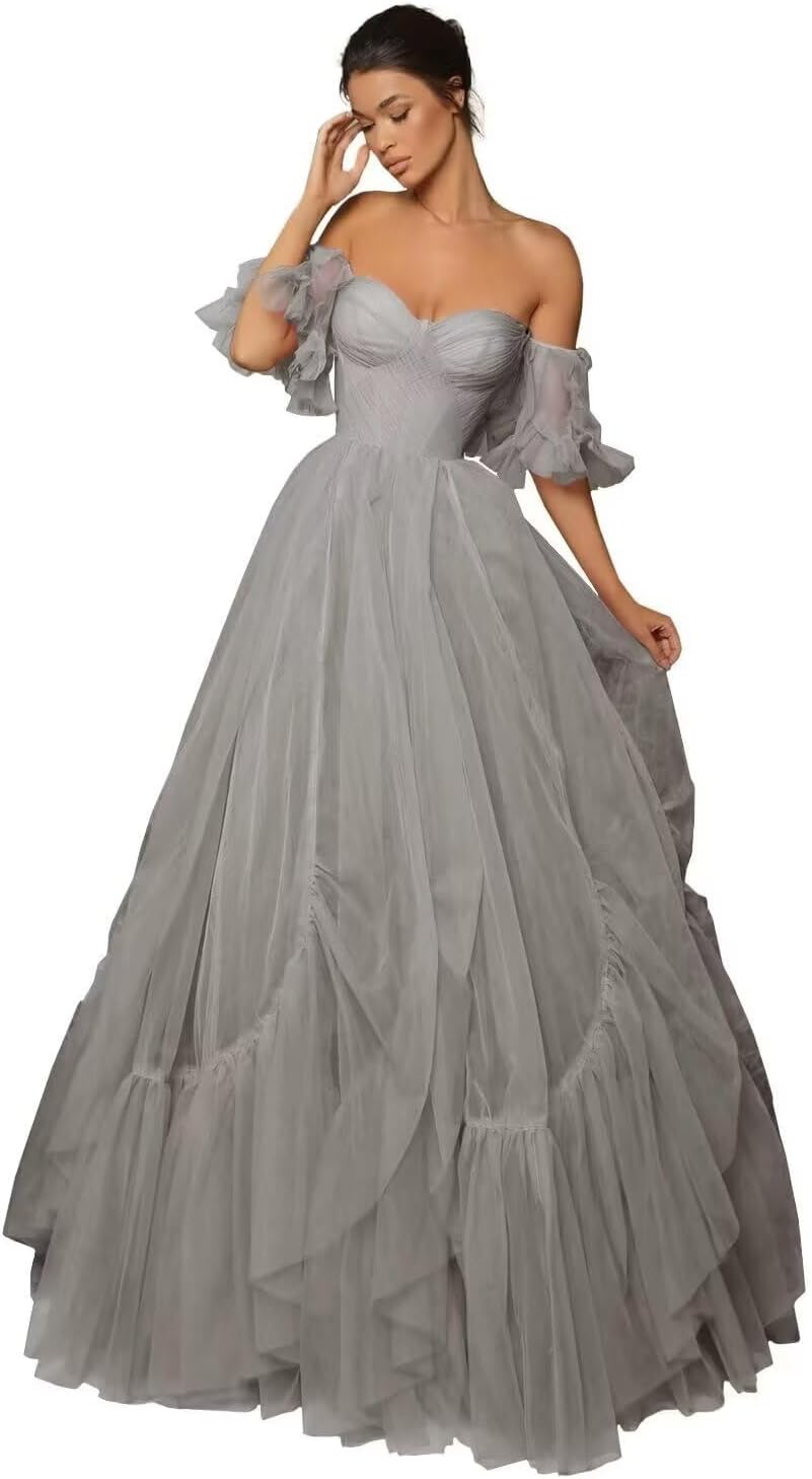 A-line Ruffled Short Sleeve Tulle Prom Dress for Women, Sweetheart Formal Gown Off The Shoulder Long Party Dress