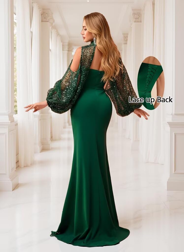 Kingbridal Gowns Long Sleeve Prom Dresses 2026 Mermaid Satin Formal Dress for Women Sparkly Sequin Halter Neck Evening Party Gowns