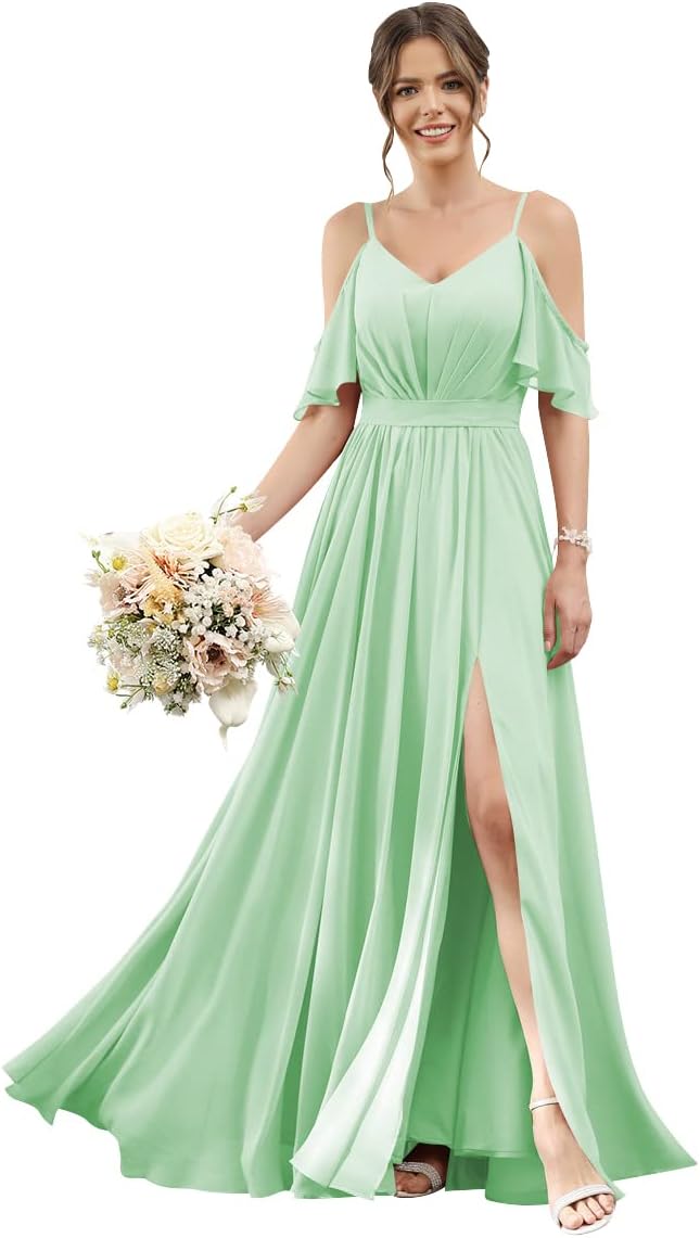 Women's Cold Shoulder Ruffle Sleeves Bridesmaid Dresses for Women 2025 Pleated Chiffon Formal Dresses with Slit
