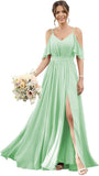 Women's Cold Shoulder Ruffle Sleeves Bridesmaid Dresses for Women 2025 Pleated Chiffon Formal Dresses with Slit