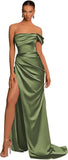 One Shoulder Mermaid Bridesmaid Dresses with Slit 2025 Pleats Satin Formal Evening Gowns for Women