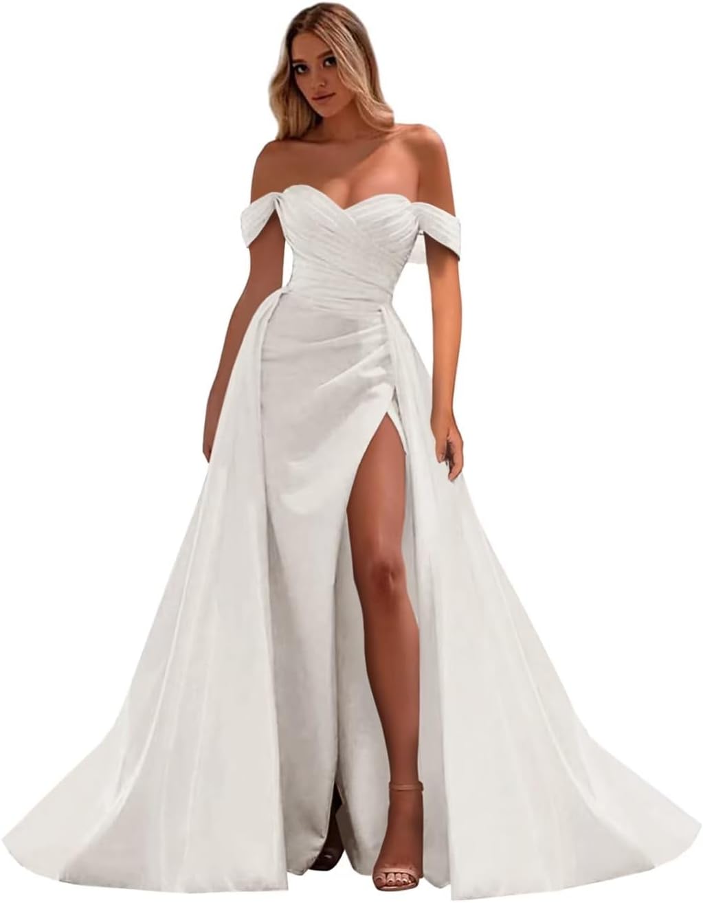 Vestidos de fiesta de satén con hombros descubiertos, corte sirena, fruncido, de noche formal, para mujer 