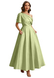 Kingbridal Satin Mother of The Bride Dresses for Women Tea Length Formal Dress One Shoulder Evening Party Gowns with Pockets