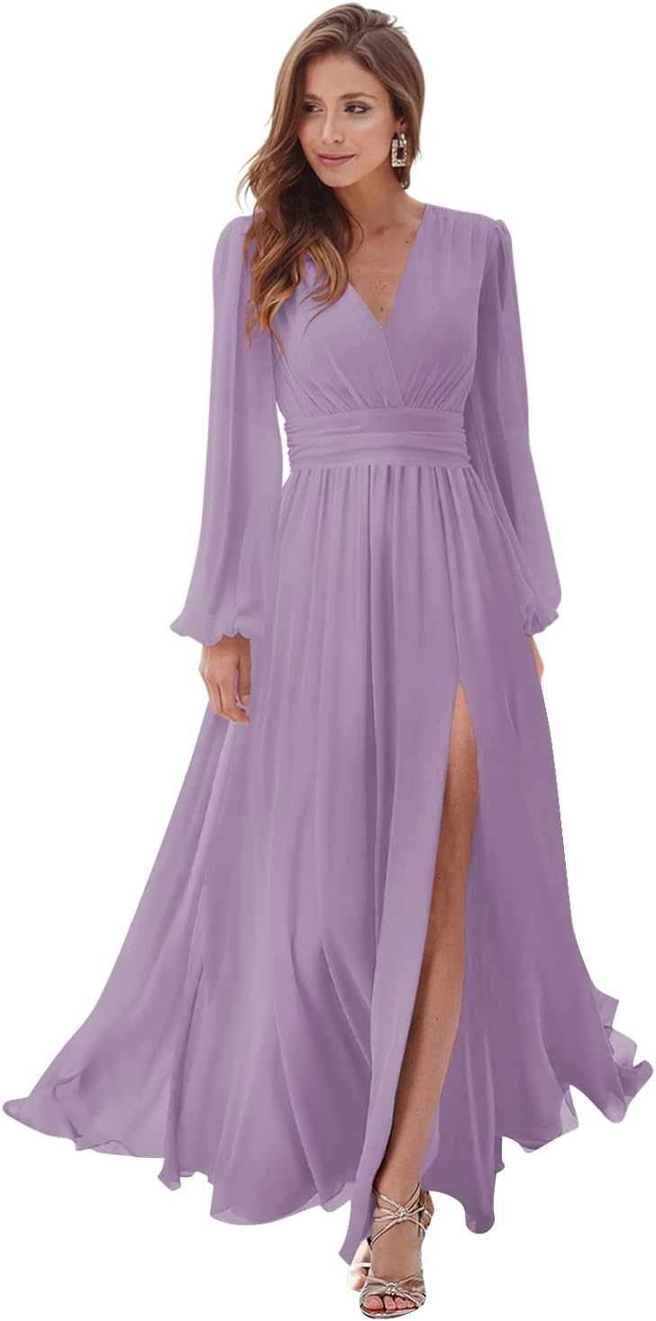 Women's Long Sleeve Bridesmaid Dresses with Slit V Neck A Line Chiffon Formal Evening Gowns with Pockets Mother of the Bride Gowns