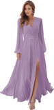 Women's Long Sleeve Bridesmaid Dresses with Slit V Neck A Line Chiffon Formal Evening Gowns with Pockets Mother of the Bride Gowns