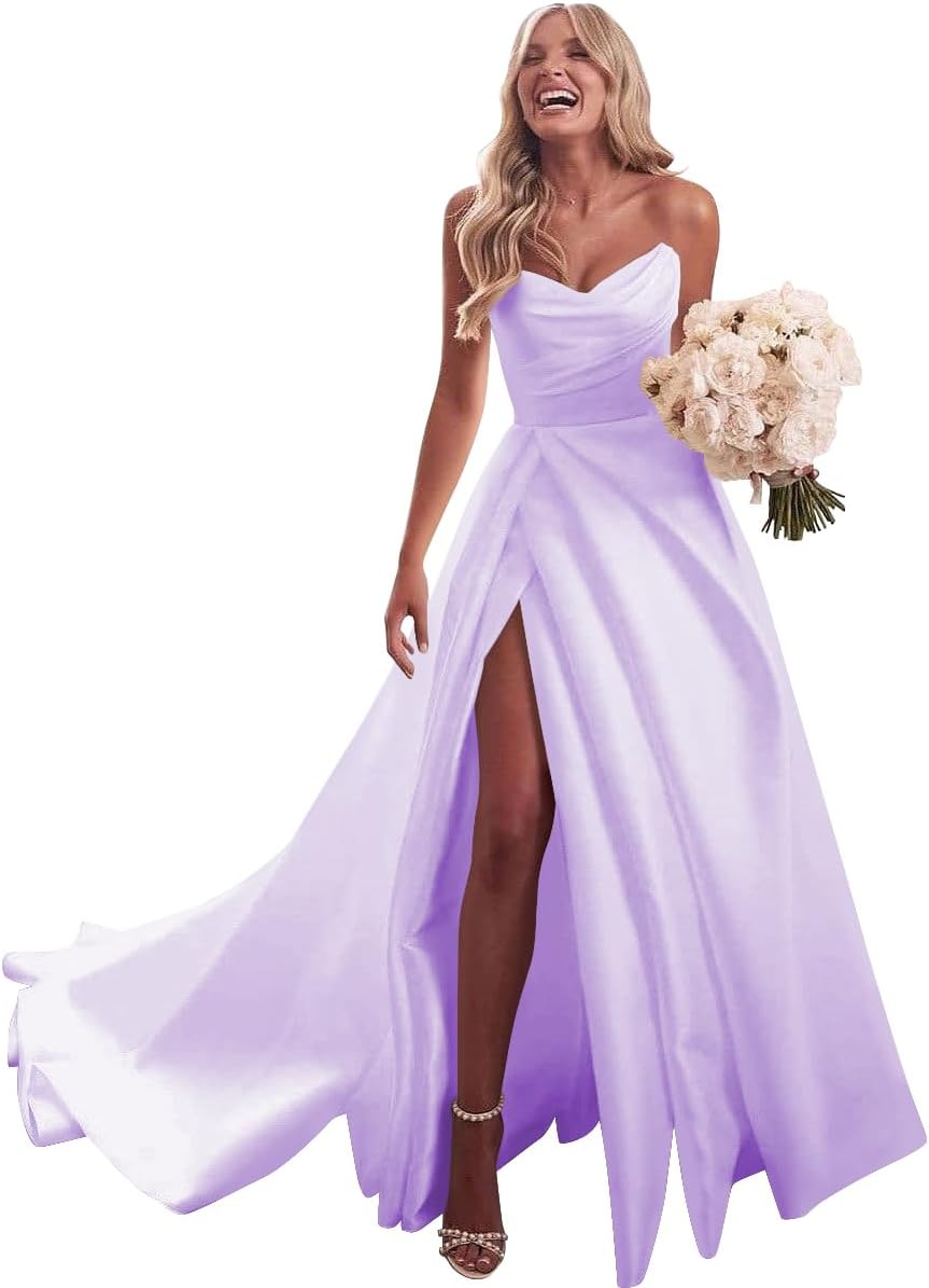 Strapless Satin Prom Wedding Dresses with Slit Long Pleats Formal Ball Bridal Gowns with Pockets