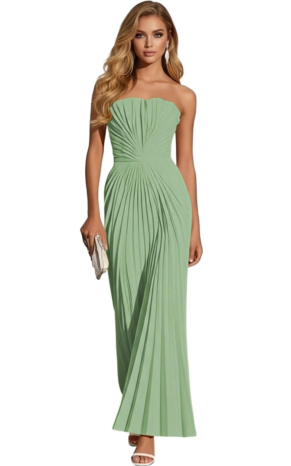 Women's Strapless Pleated Bridesmaid Dress Elegant Sweetheart Neck Formal Prom Gown for Wedding Guest