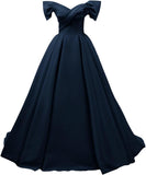 Off Shoulder Satin Prom Dresses for Women V-Neck Elegant A-Line Long Pleated Formal Evening Gown